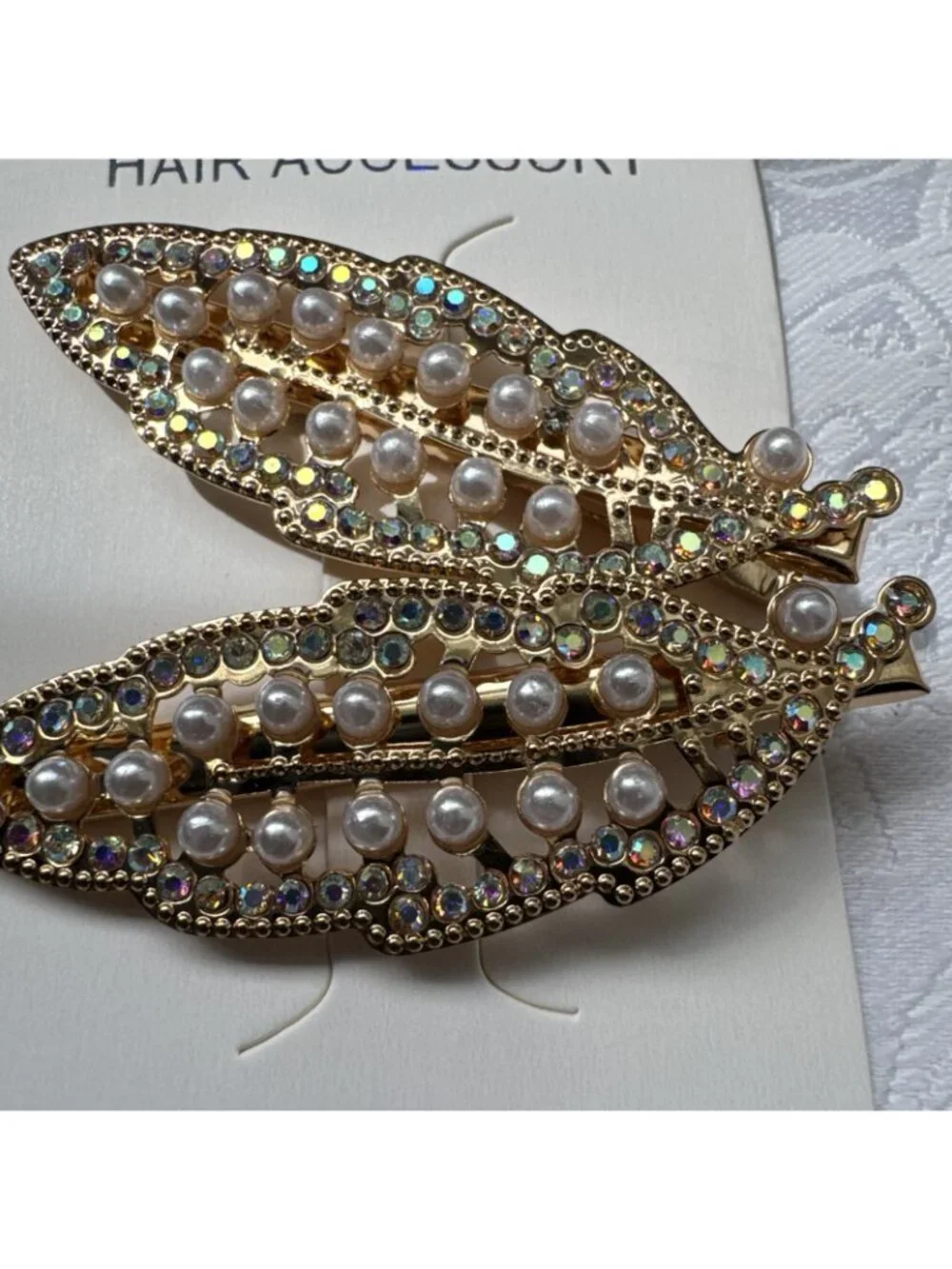2 Gold Pearl Hair Clip Clamp Metal Alligator Claw Bling Crystal Rhinestone 2.5